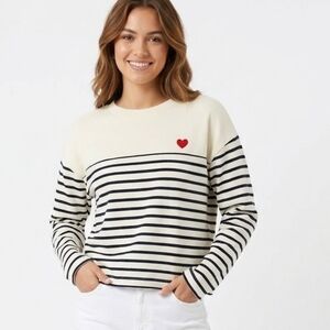 NWT Workshop Republic Clothing Cream Navy Striped Red Heart Crewneck Sweater S